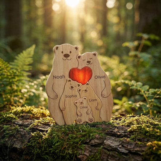 Custom Bear Family Wooden Ornament – Personalized Name Puzzle Gift for Family
