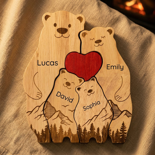 Custom Bear Family Puzzle Ornament – Personalized Wooden Family Keepsake