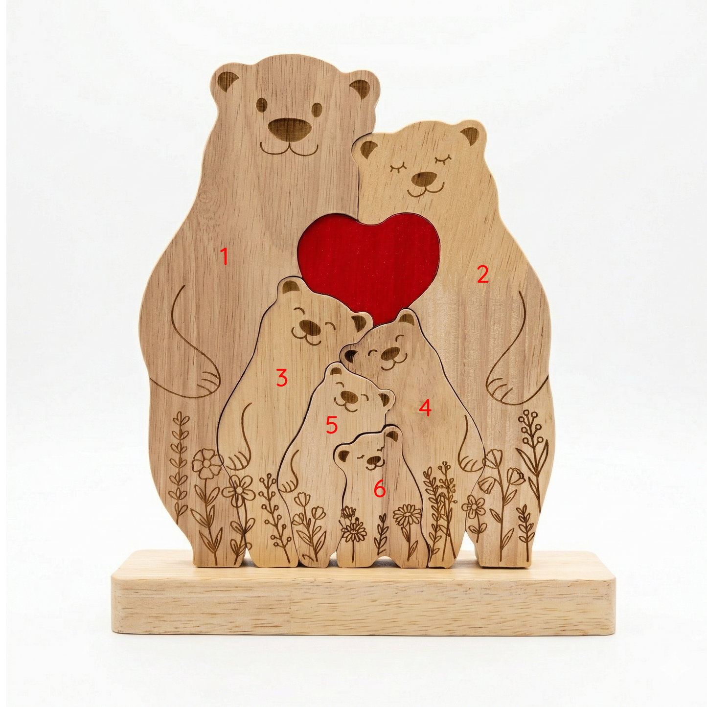 Custom Oak Bear Family Keepsake with Engraved Names