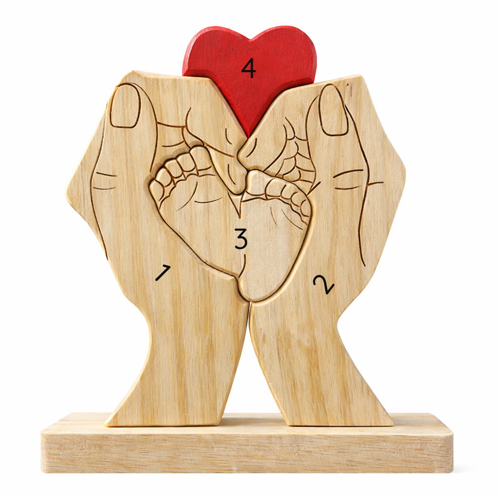 Personalized Wooden Family Puzzle – Parents & Child Hands – Custom Names & Heart