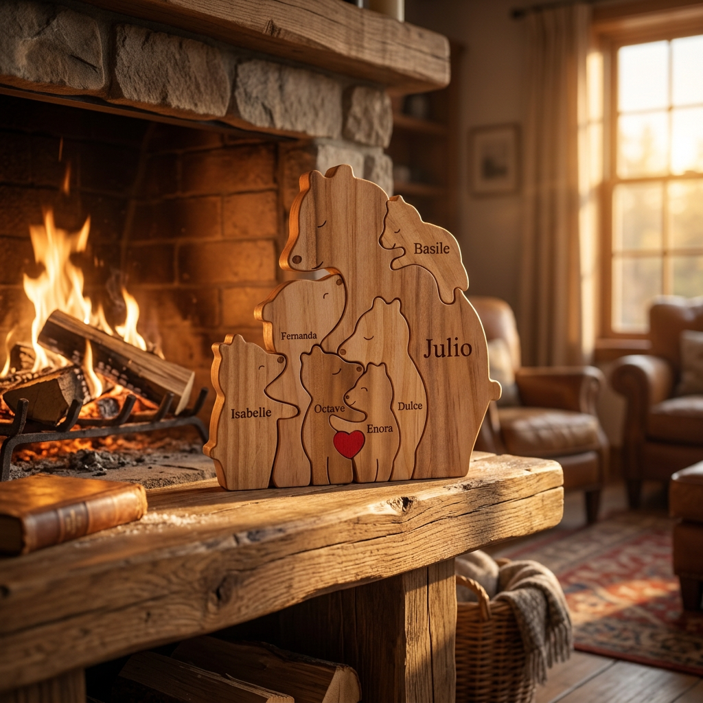 Custom Wooden Bear Family Keepsake with Engraved Names