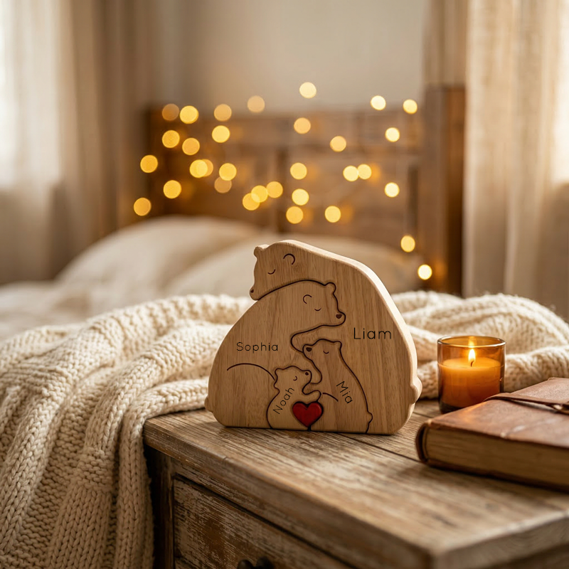 Custom Wooden Bear Family Keepsake with Engraved Names