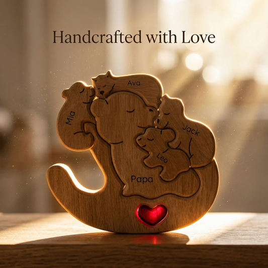 Customized Wooden Bear Family Puzzle Ornament – Handmade Personalized Gift