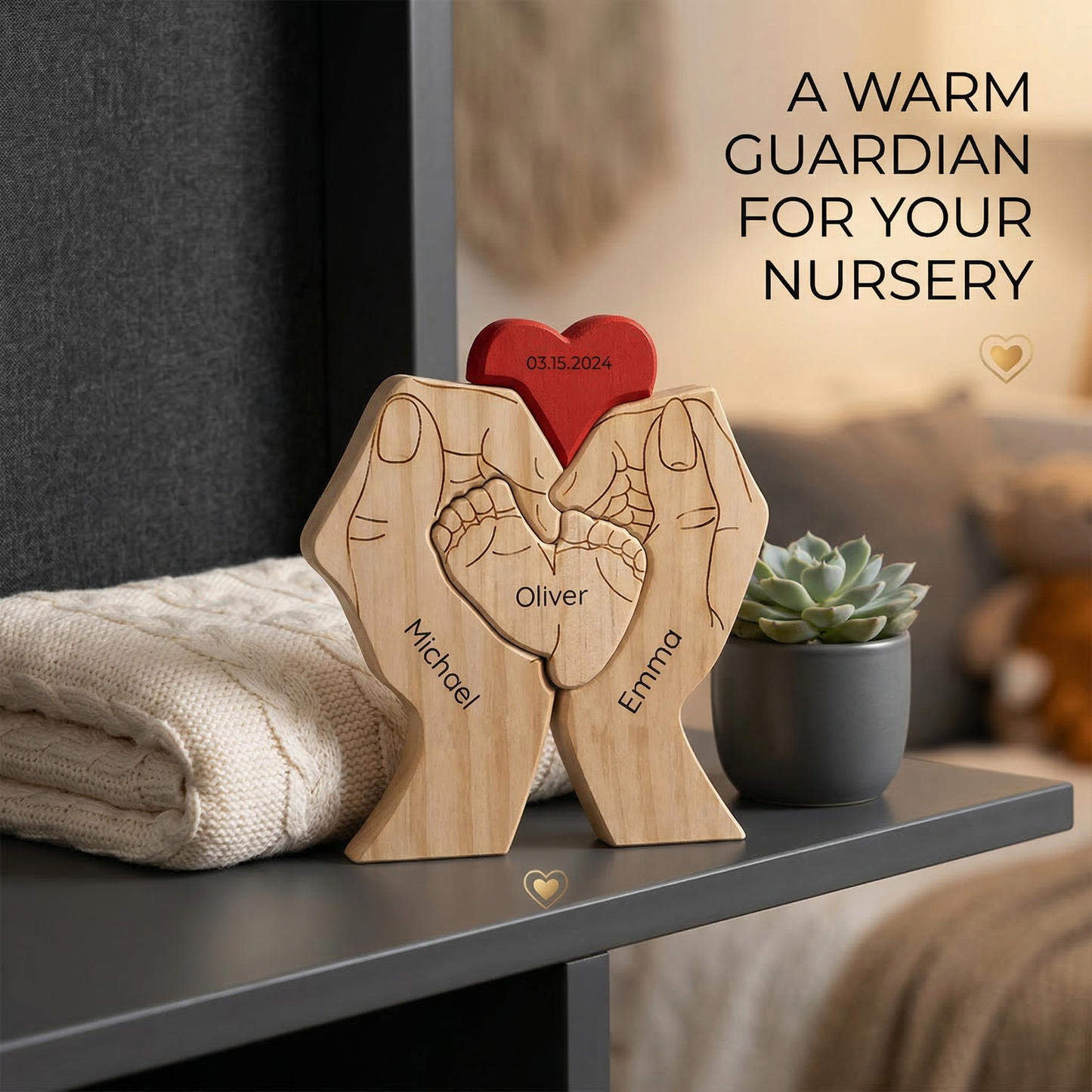 Personalized Wooden Family Puzzle – Parents & Child Hands – Custom Names & Heart
