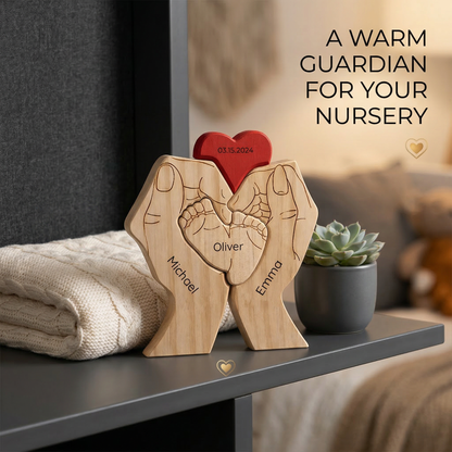 Personalized Wooden Family Puzzle – Parents & Child Hands – Custom Names & Heart
