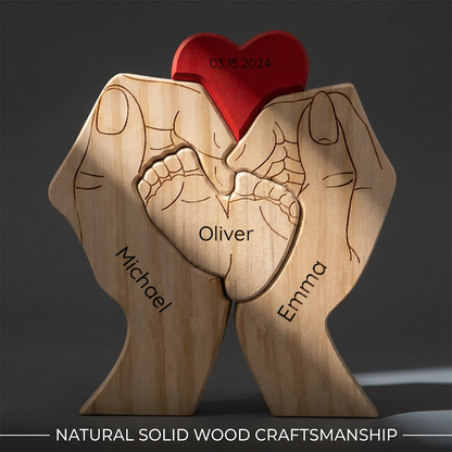 Personalized Wooden Family Puzzle – Parents & Child Hands – Custom Names & Heart