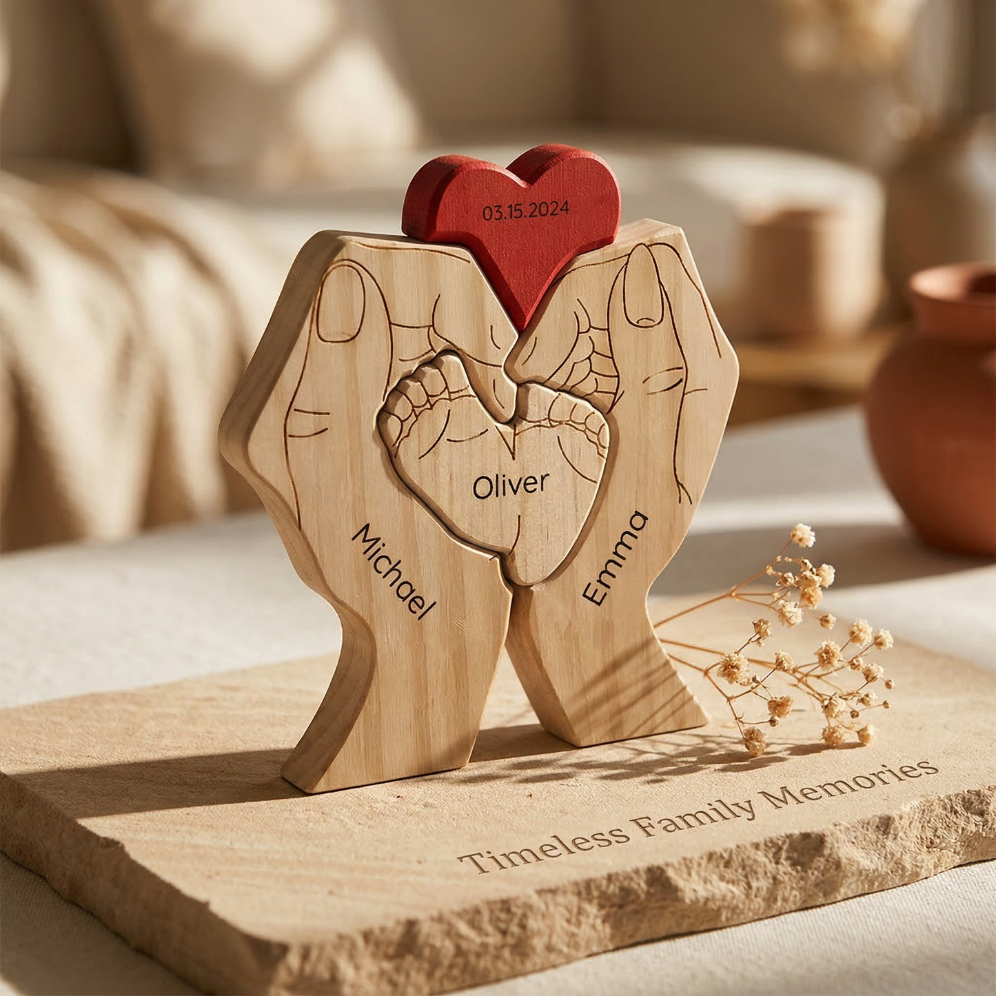 Personalized Wooden Family Puzzle – Parents & Child Hands – Custom Names & Heart
