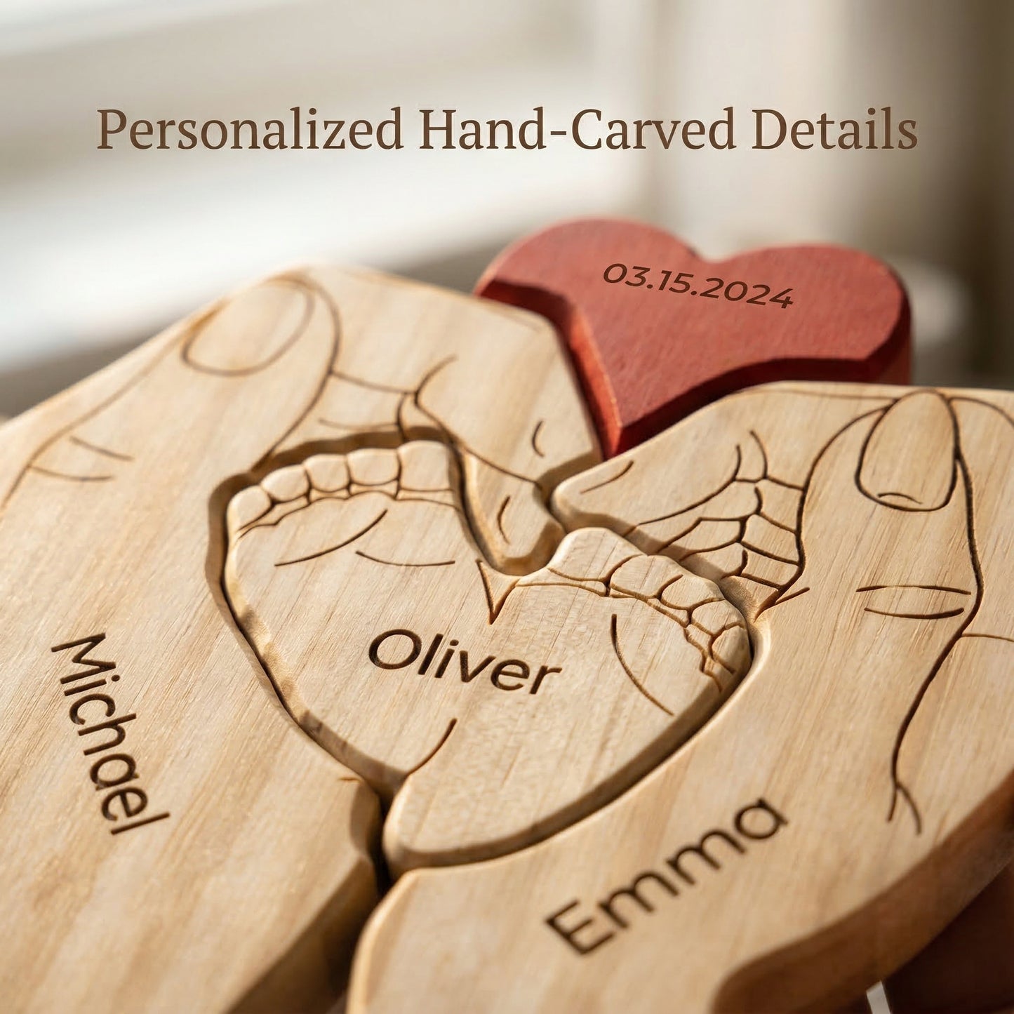Personalized Wooden Family Puzzle – Parents & Child Hands – Custom Names & Heart