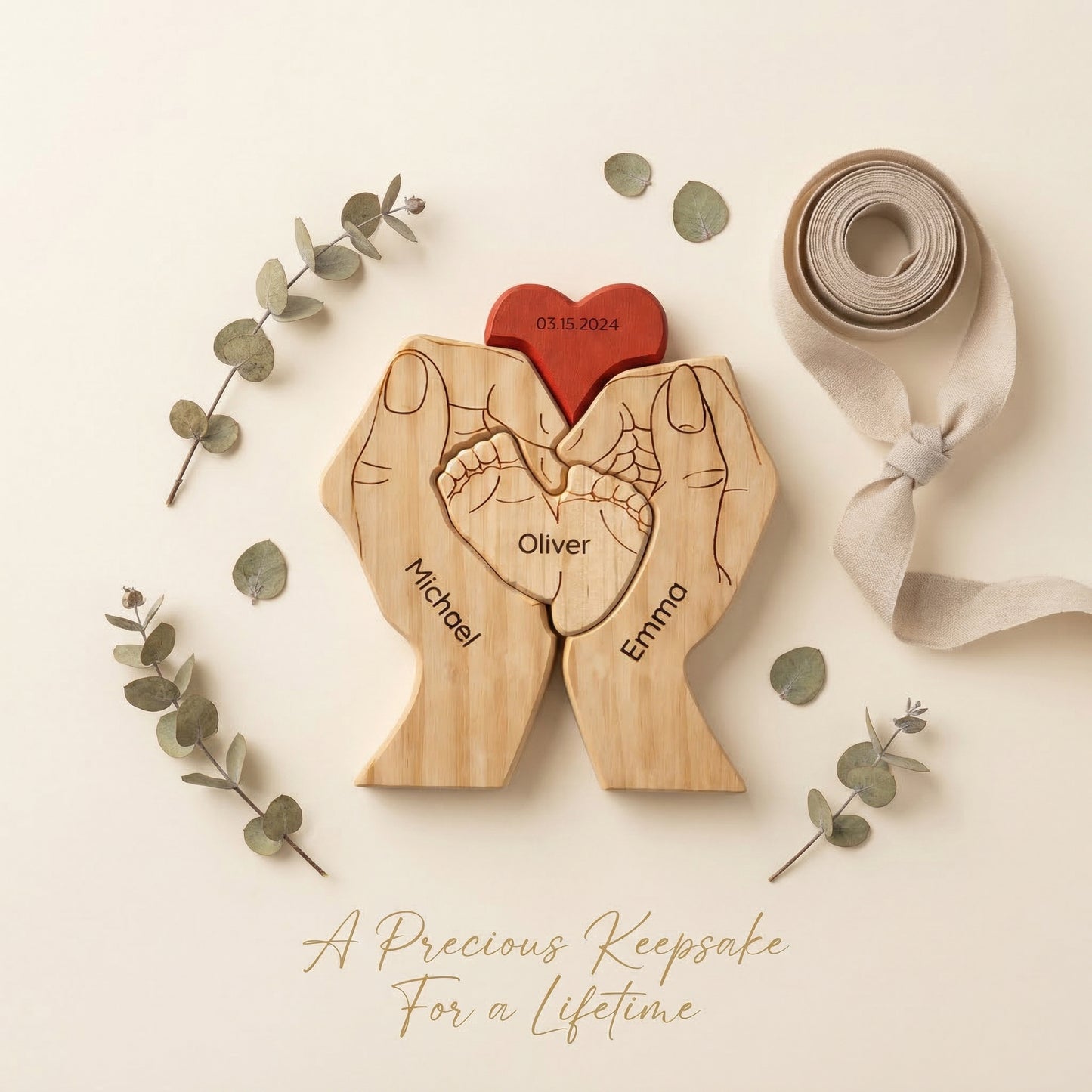 Personalized Wooden Family Puzzle – Parents & Child Hands – Custom Names & Heart