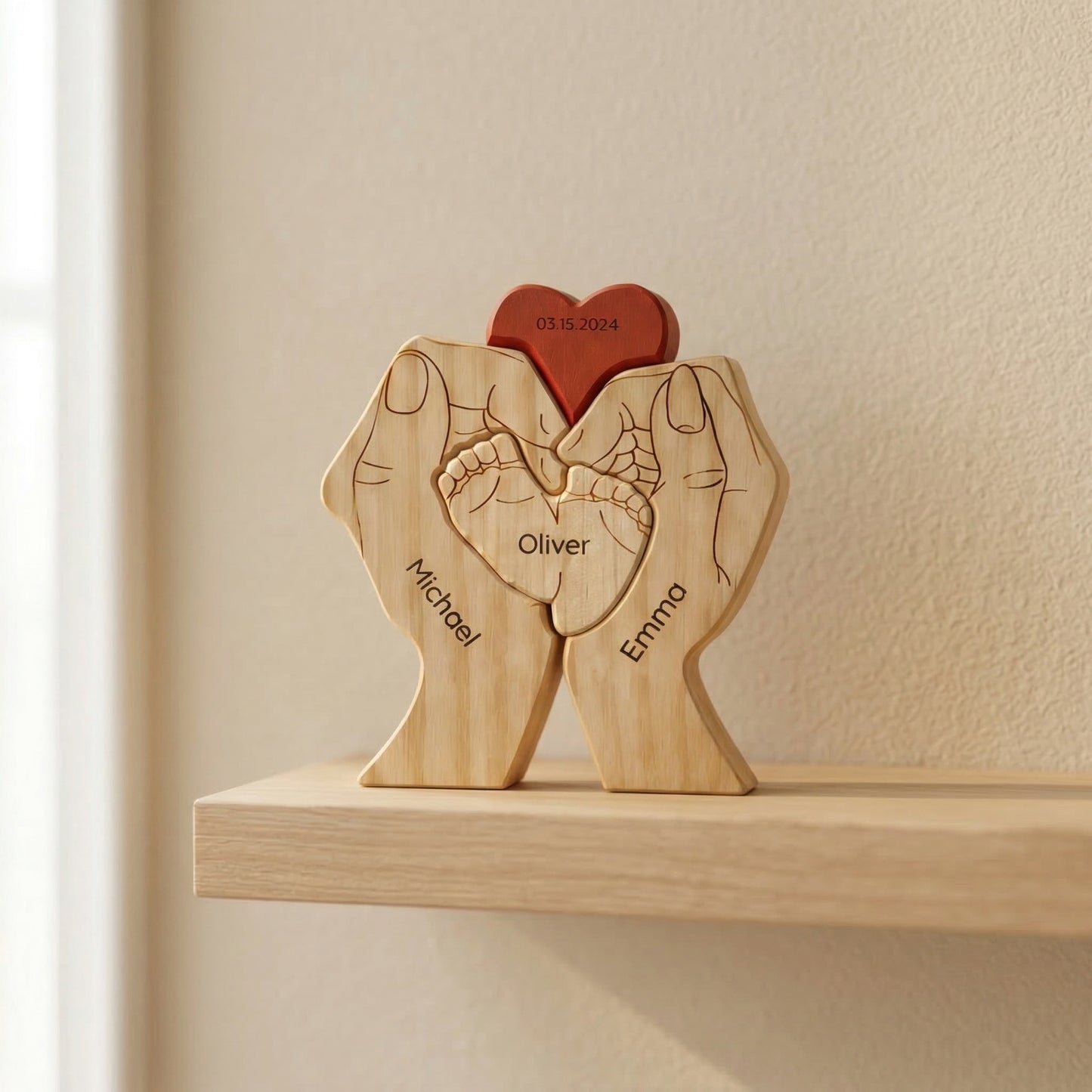 Personalized Wooden Family Puzzle – Parents & Child Hands – Custom Names & Heart