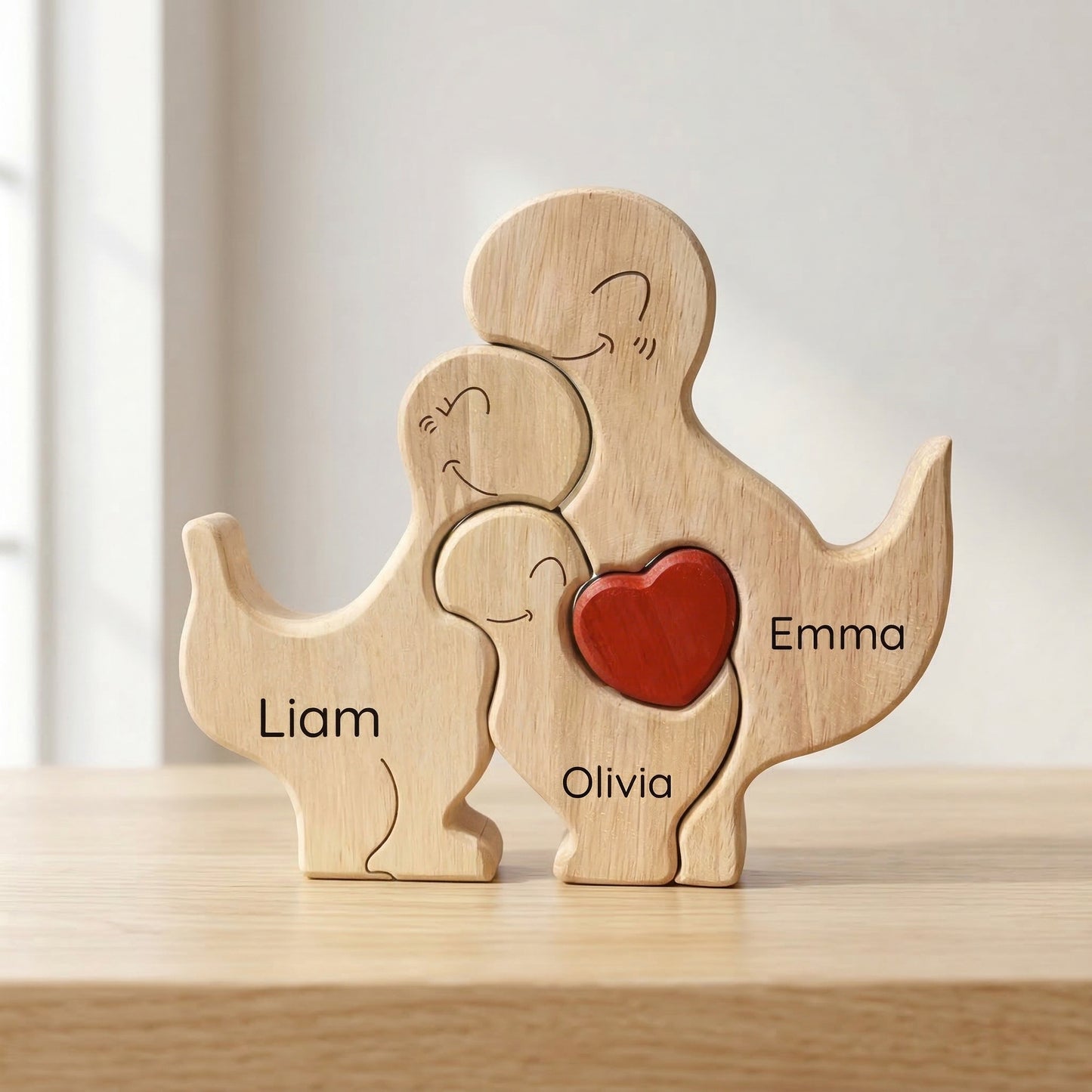 Custom Dinosaur Family Keepsake – Personalized Wooden Dino Decor with Names & Heart Gift