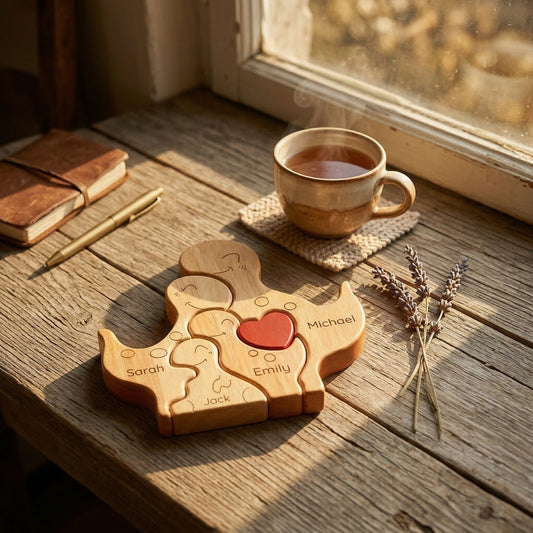 Custom Dinosaur Family Keepsake – Personalized Wooden Dino Decor with Names & Heart Gift