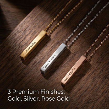 Personalized mom necklace displayed in gold, silver, and rose gold finishes with engraved name.