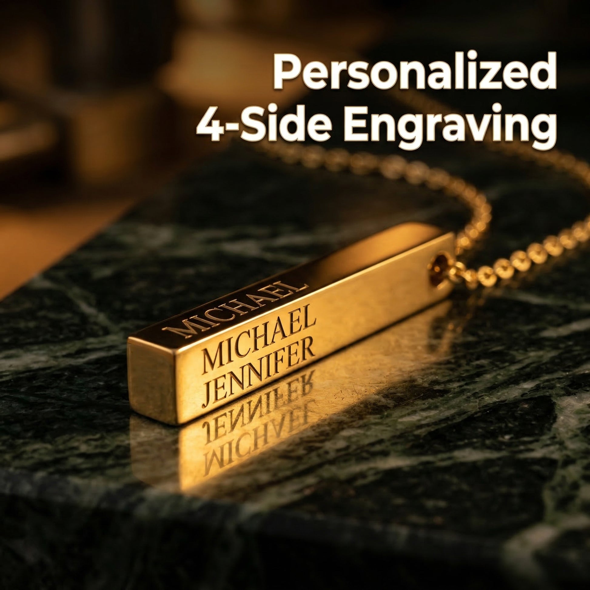 Personalized mom necklace with 4-side engraving featuring names Michael and Jennifer on a gold bar.