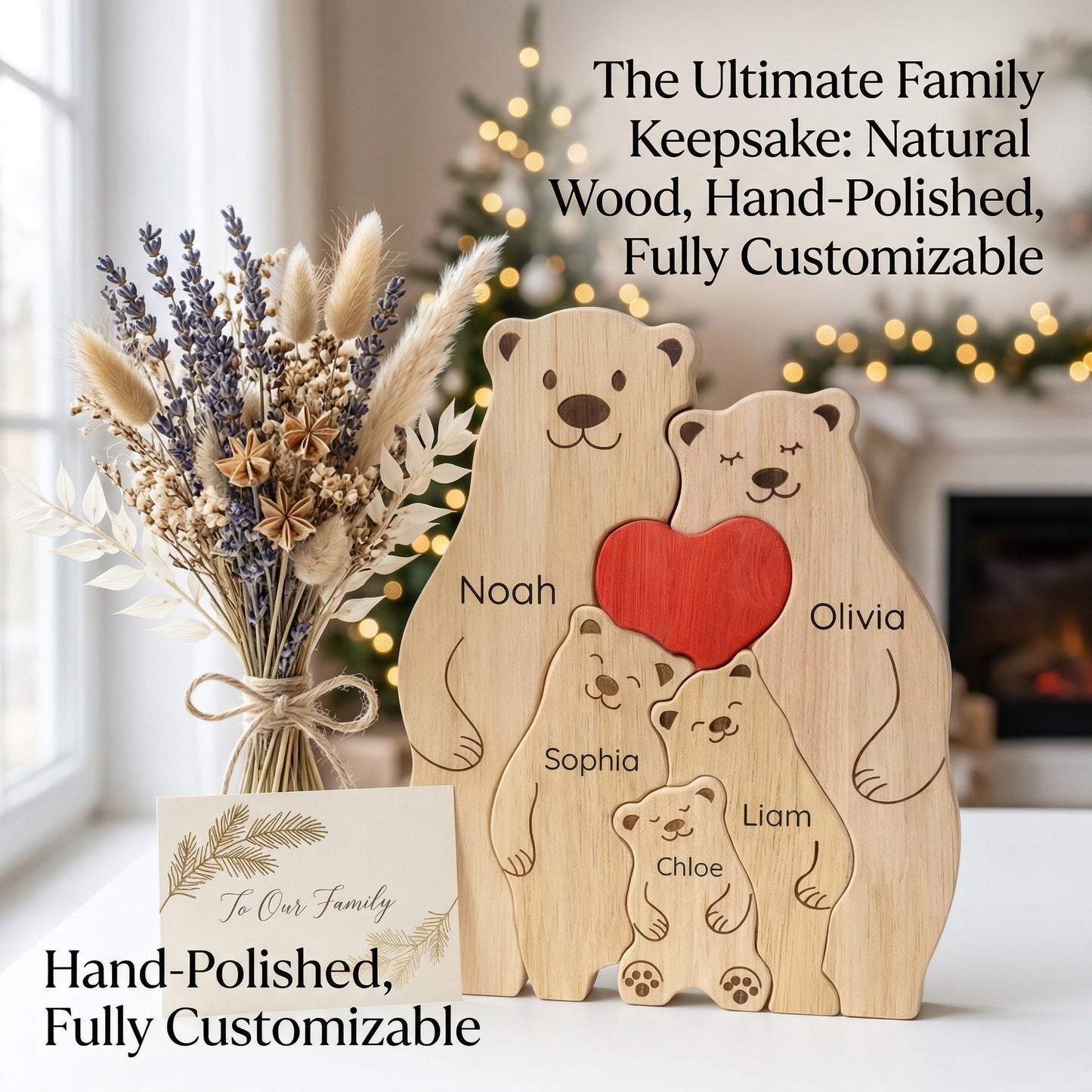 Custom Bear Family Wood Ornament – Personalized Name Keepsake