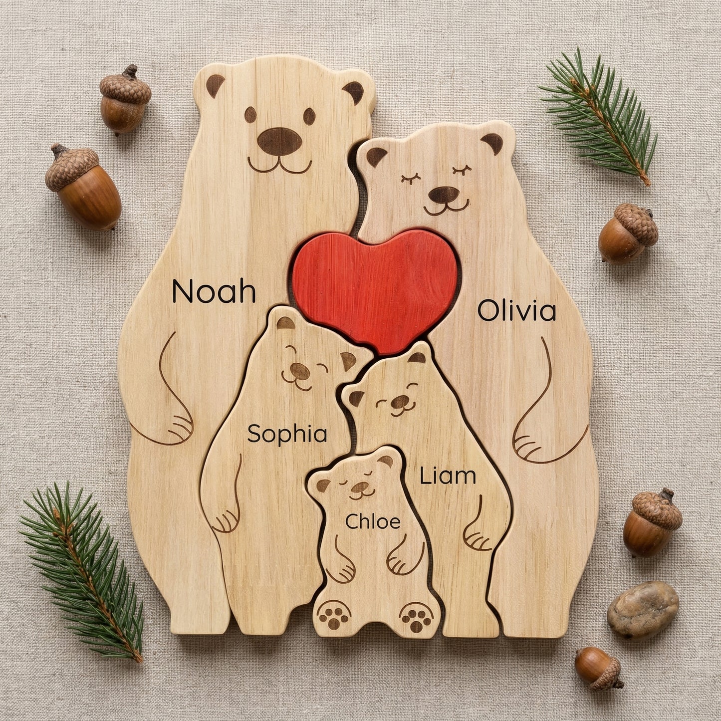 Custom Bear Family Wood Ornament – Personalized Name Keepsake