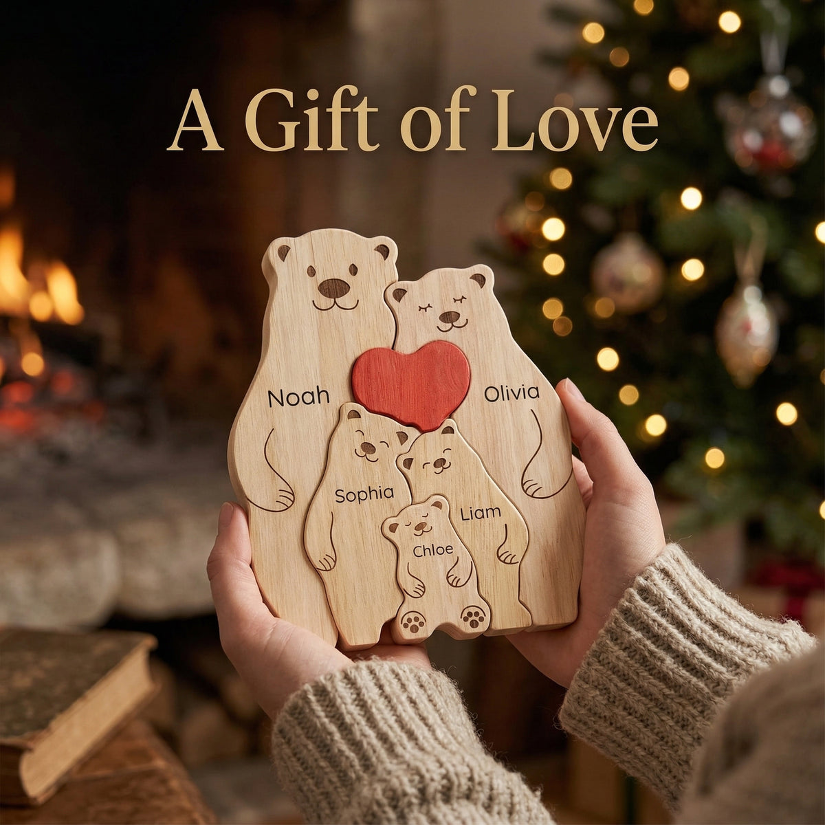 Custom Bear Family Wood Ornament – Personalized Name Keepsake