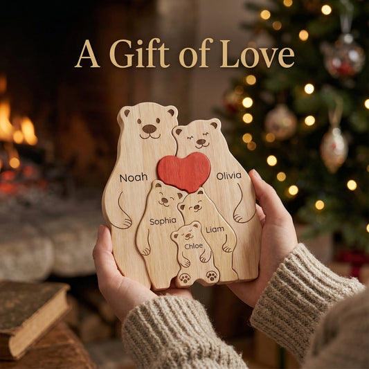 Custom Bear Family Wooden Ornament – Personalized Name Puzzle Gift for Family