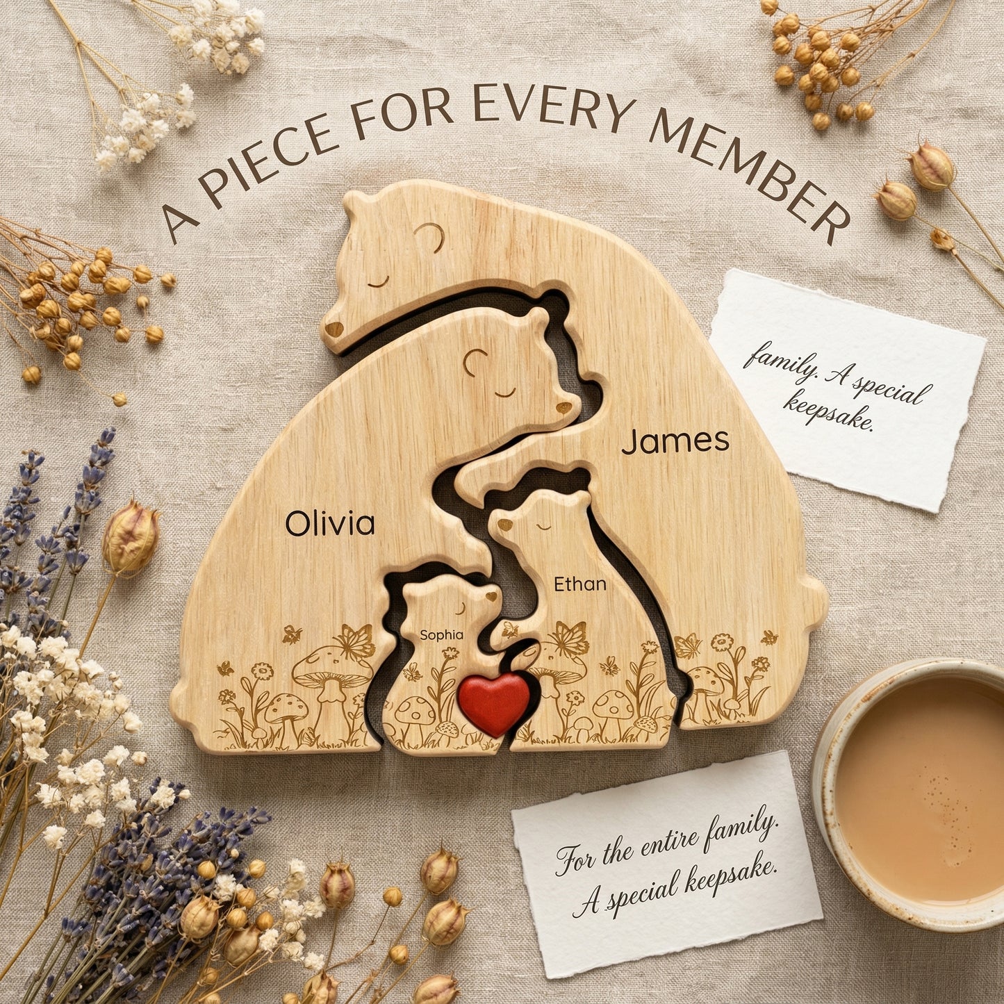 Personalized Wooden Bear Family Keepsake with Custom Names