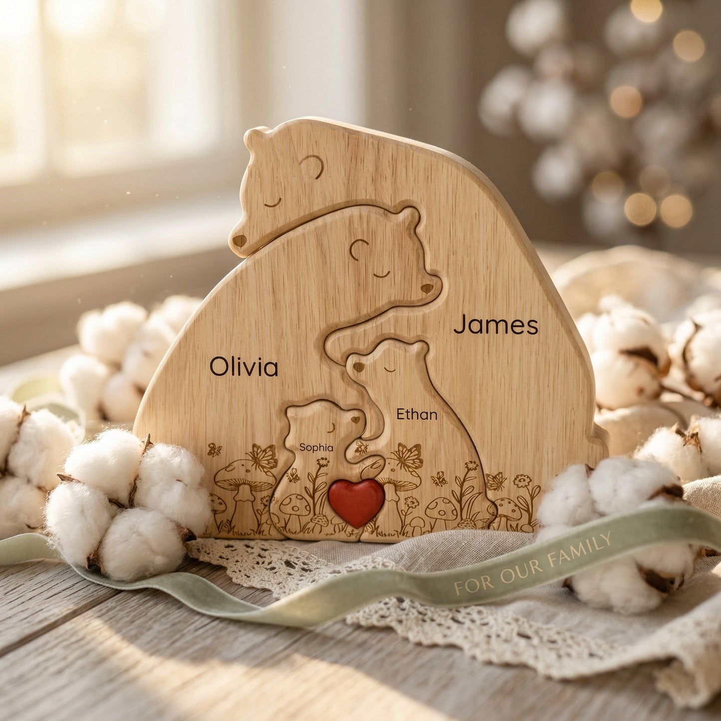 Personalized Wooden Bear Family Keepsake with Custom Names