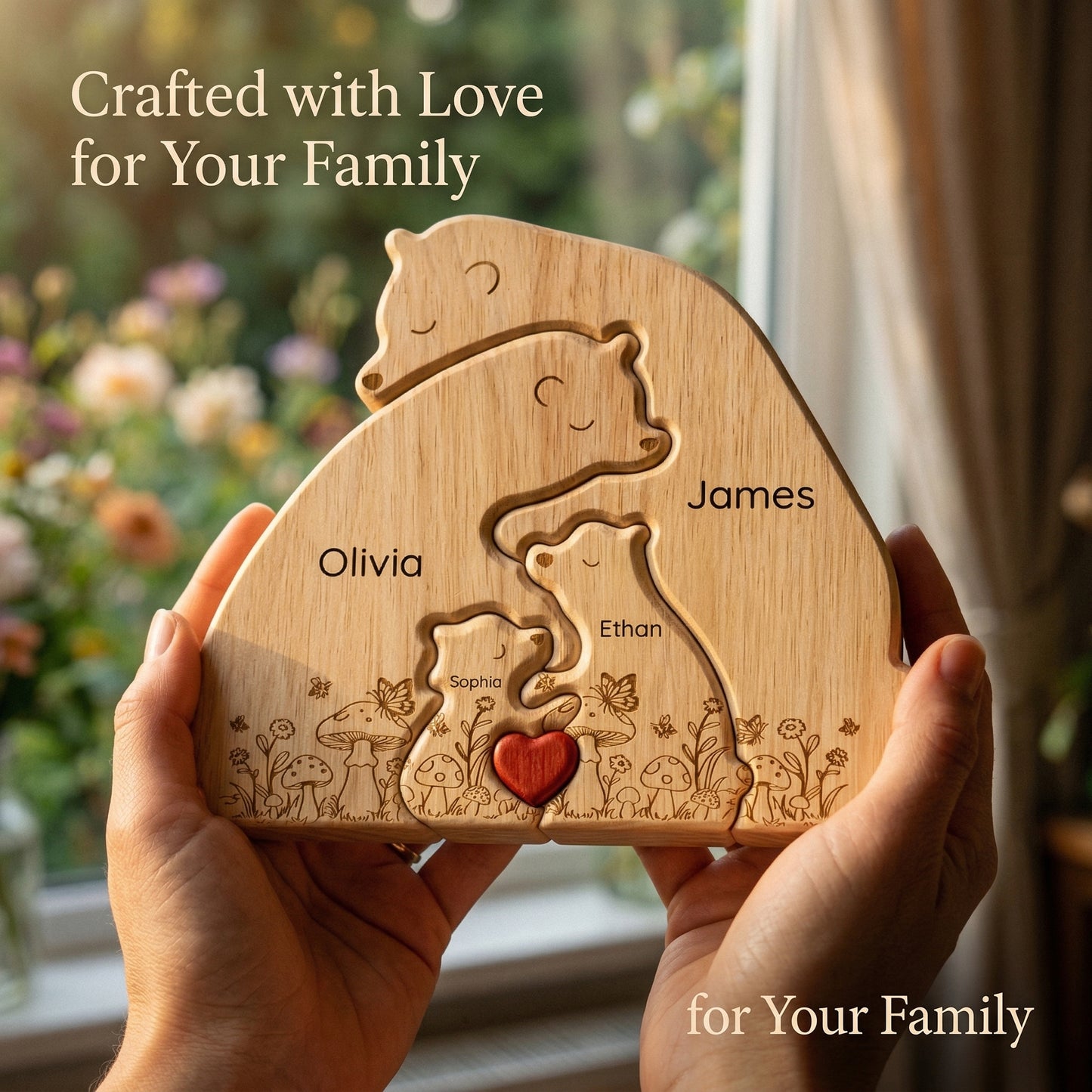 Personalized Wooden Bear Family Keepsake with Custom Names