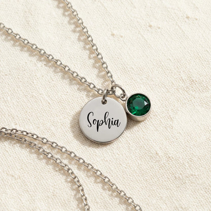 Personalized Name & Birthstone Disc Necklace
