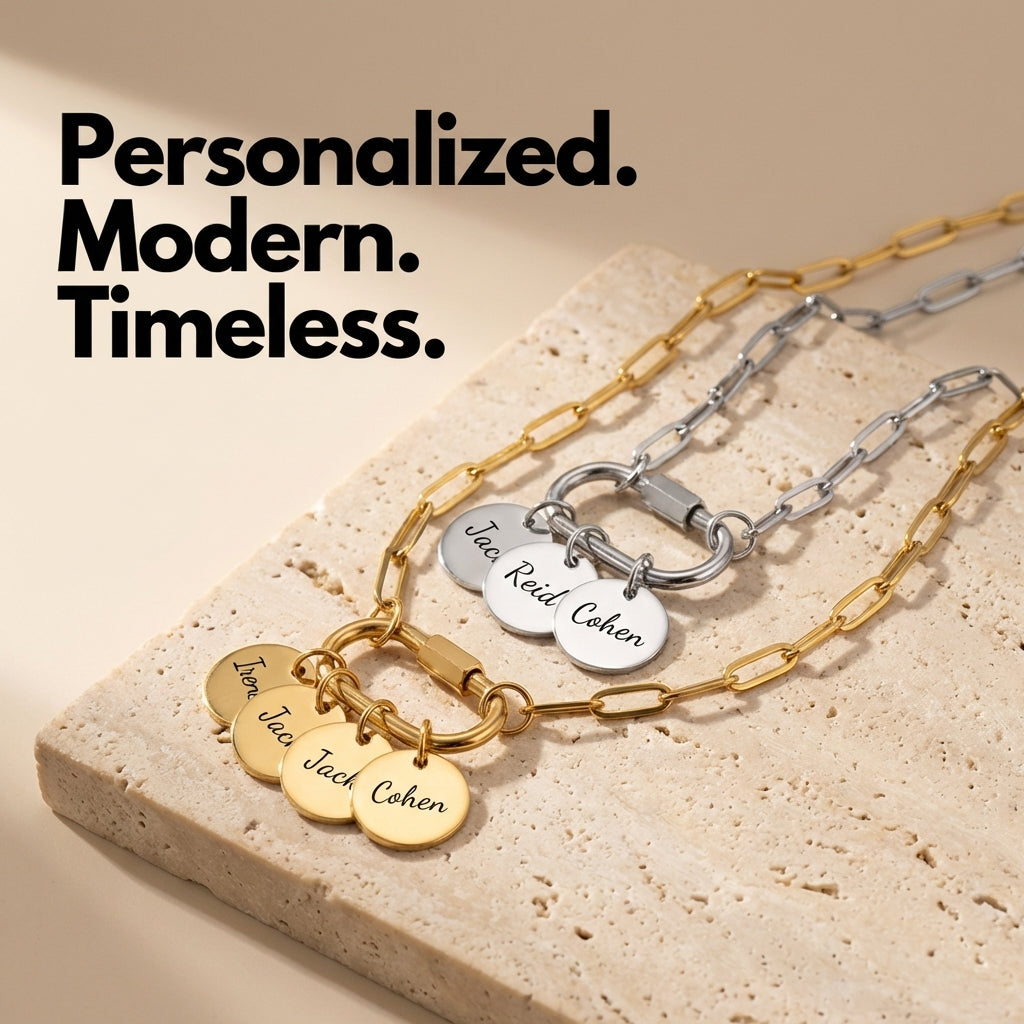 Personalized Family Charm Necklace with Carabiner Clasp
