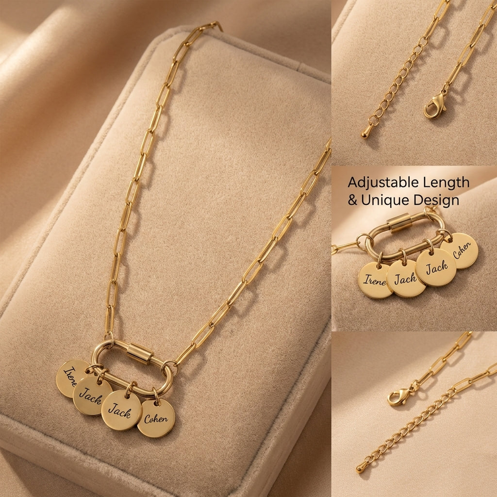 Personalized Family Charm Necklace with Carabiner Clasp