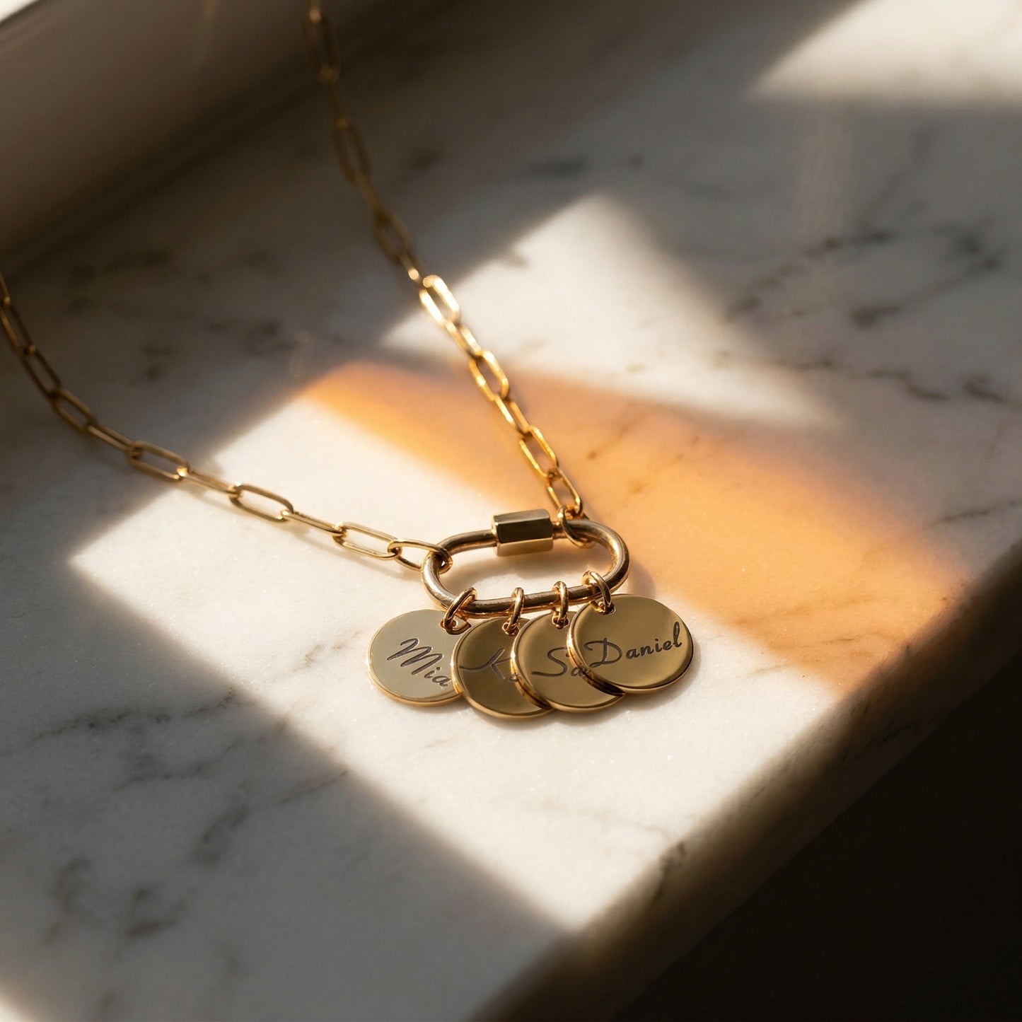 Personalized Family Charm Necklace with Carabiner Clasp