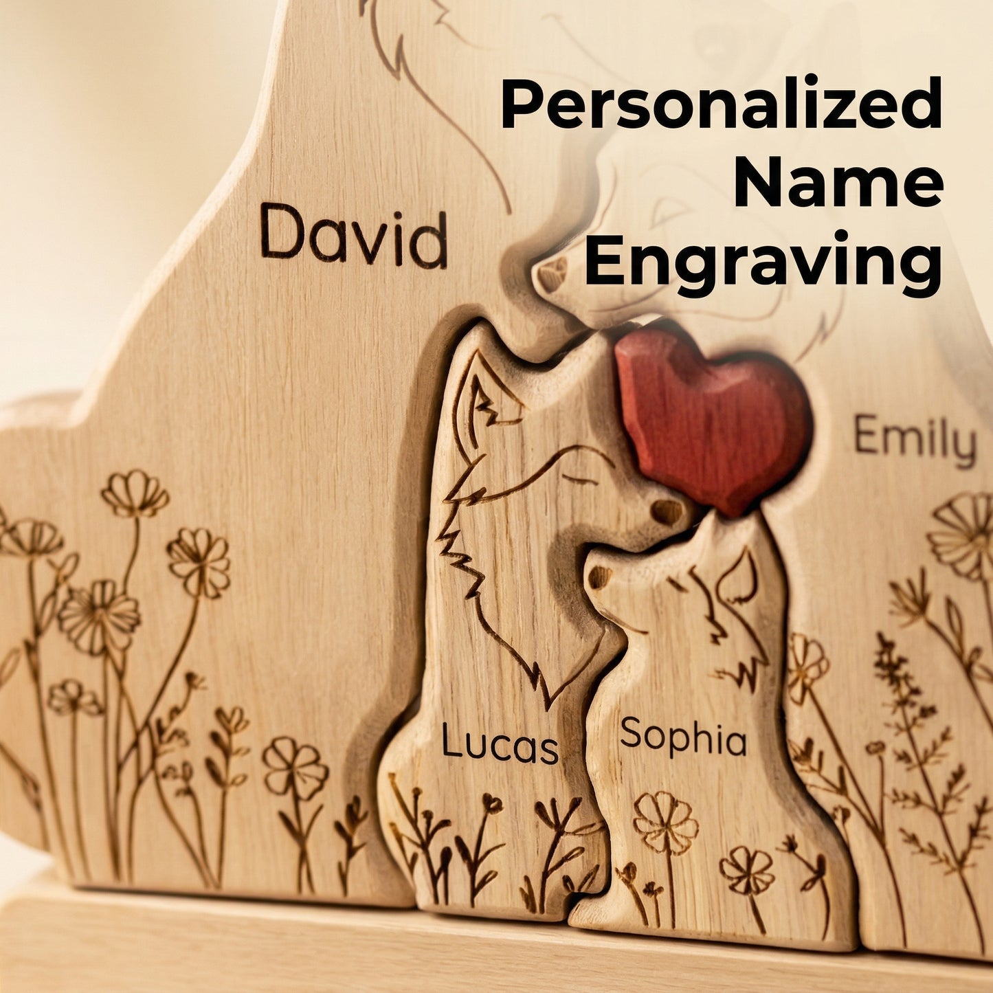 Personalized Wolf Family Wooden Plaque – Custom Names Home Decor Gift