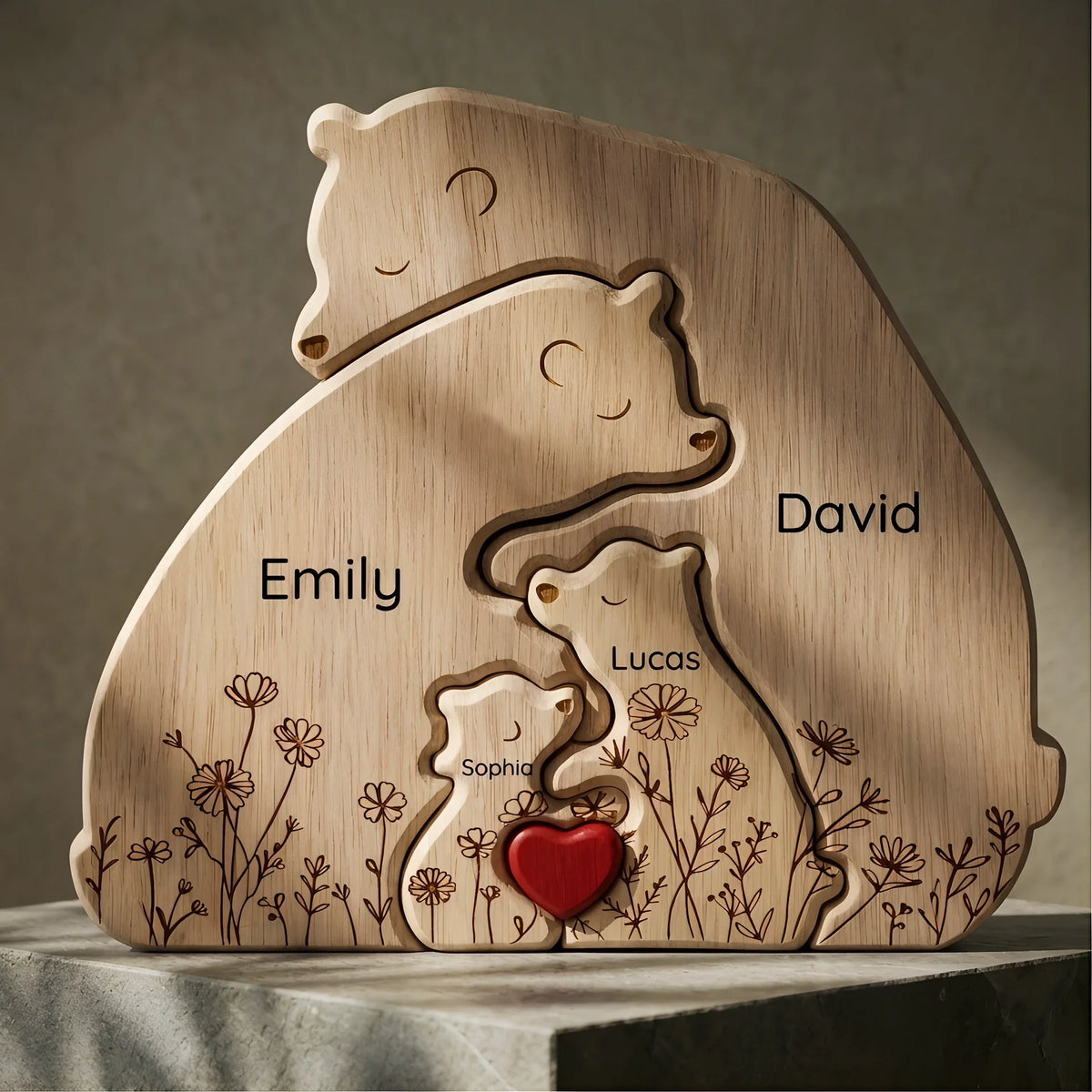 Personalized Bear Family Keepsake – Floral Heart Design