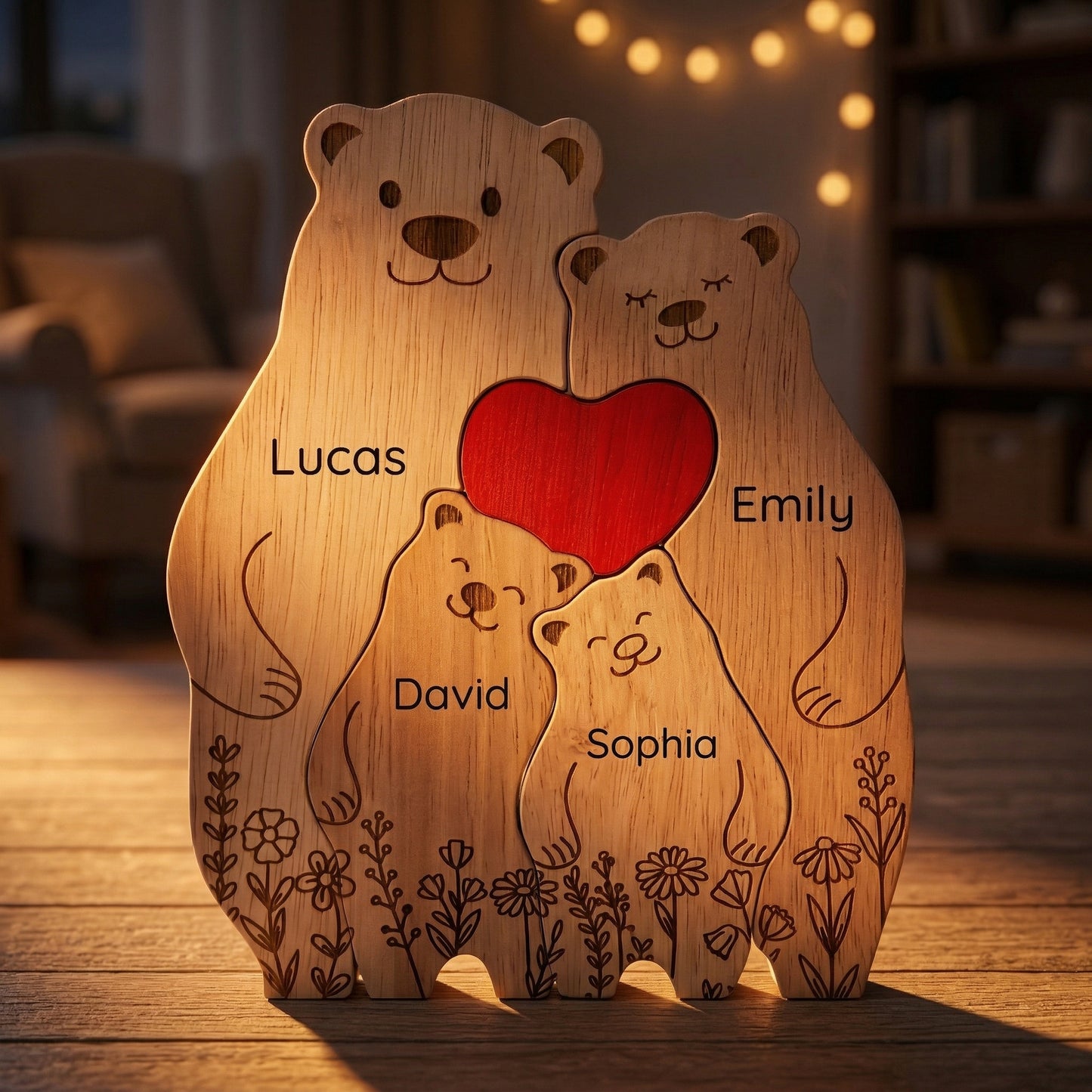 Custom Oak Bear Family Keepsake with Engraved Names