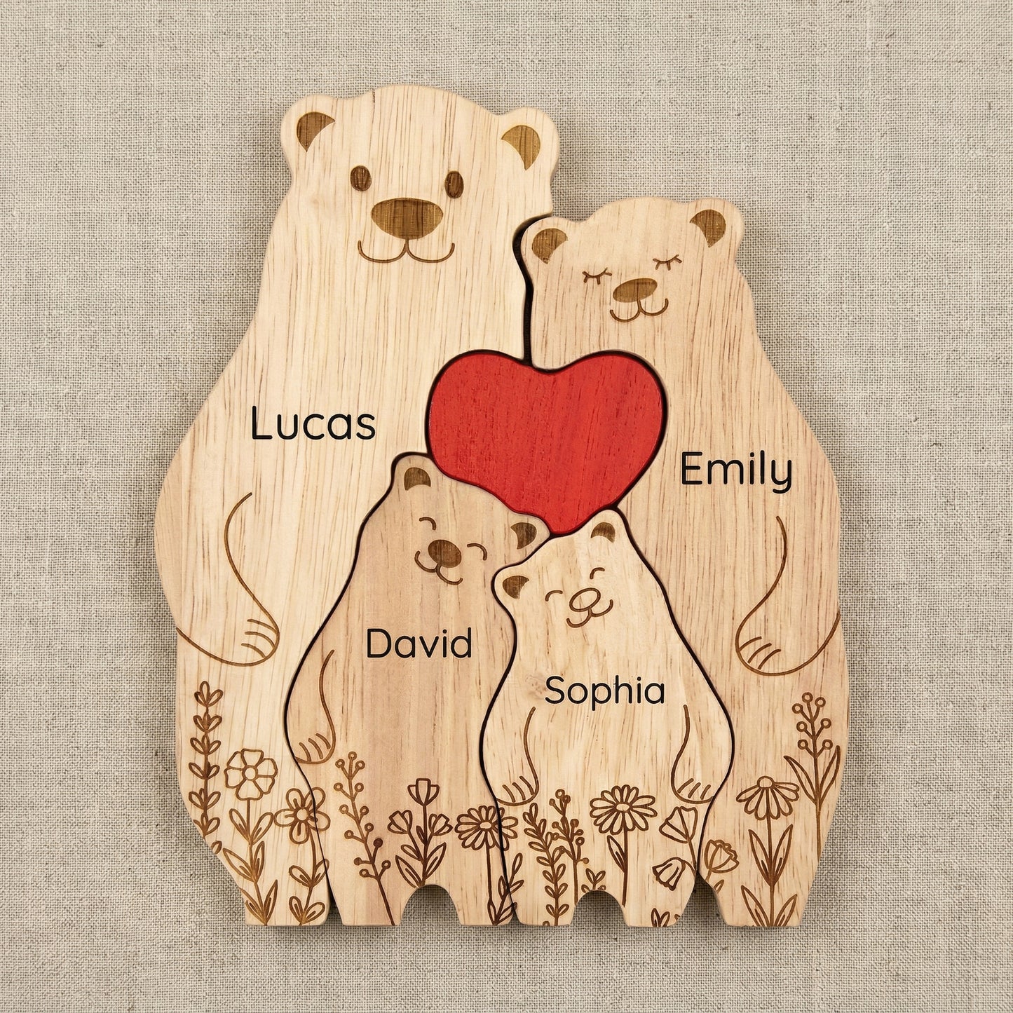 Custom Oak Bear Family Keepsake with Engraved Names