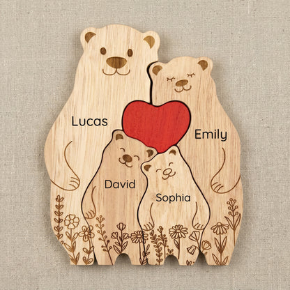 Custom Oak Bear Family Keepsake with Engraved Names