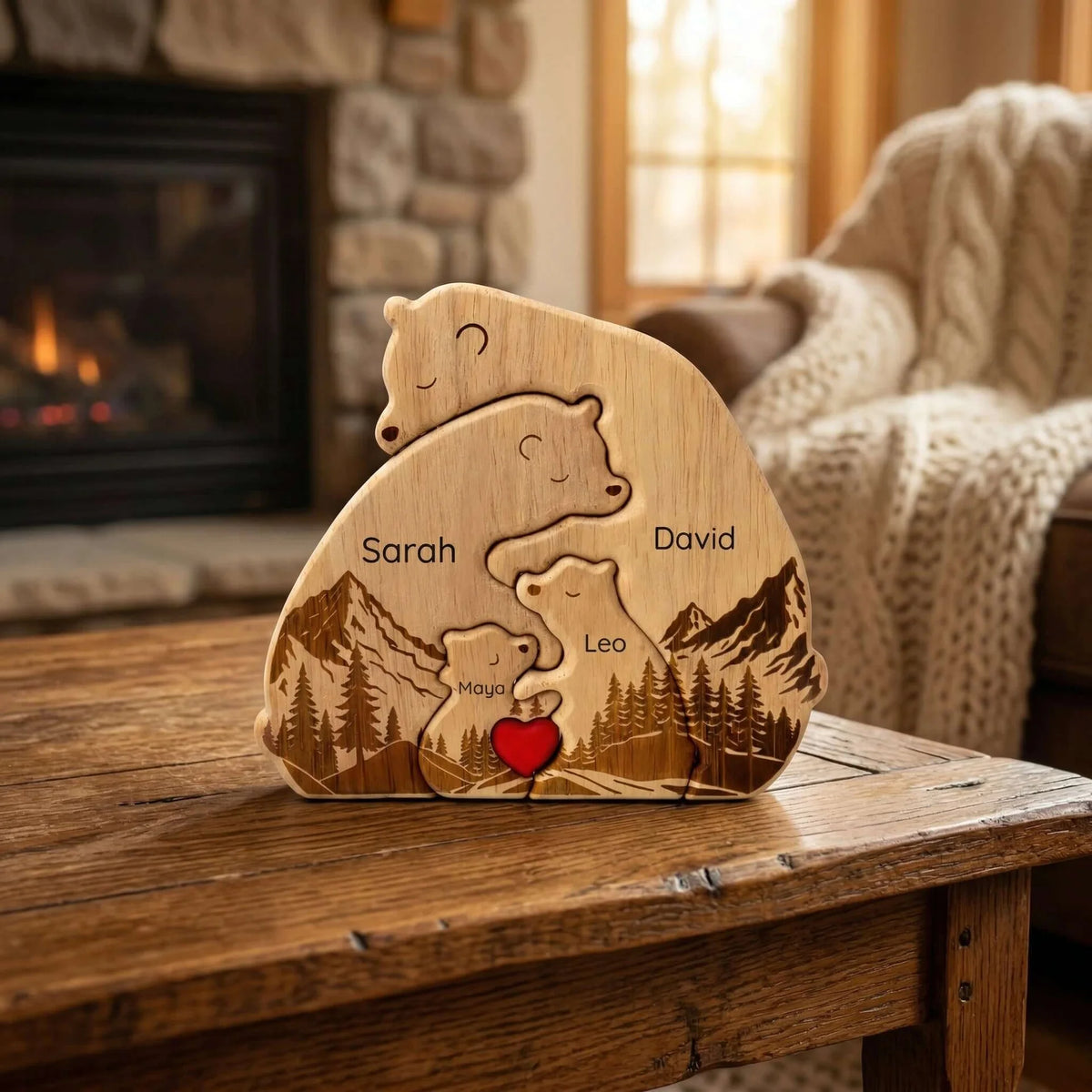 Personalized Bear Family Puzzle – Mountain & Heart Design