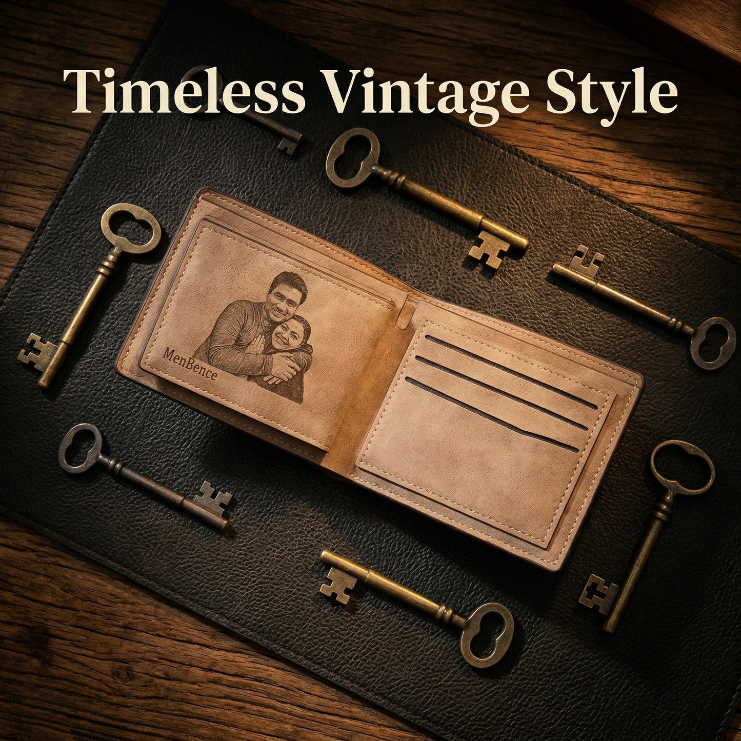 Personalized photo engraved wallet featuring a vintage design, surrounded by antique keys.