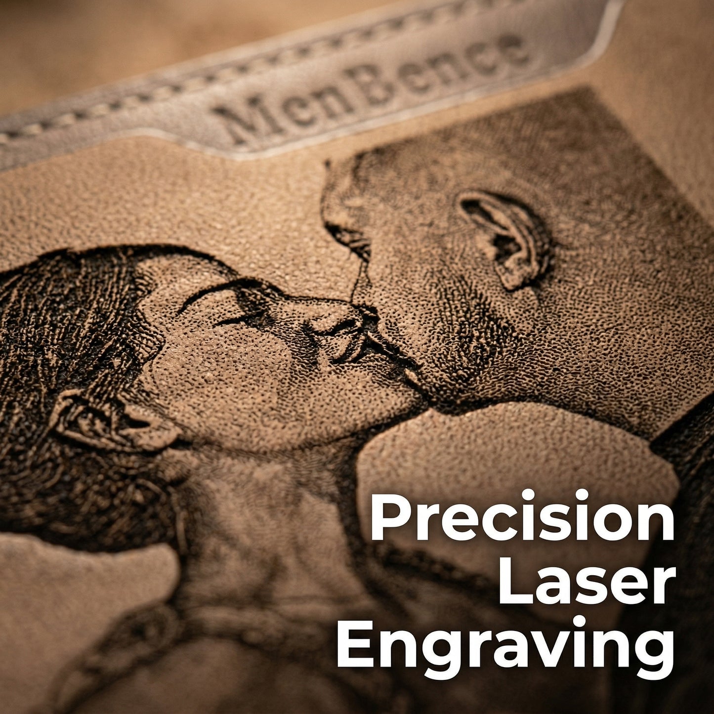 Personalized photo engraved wallet featuring precision laser engraving of a couple's kiss.