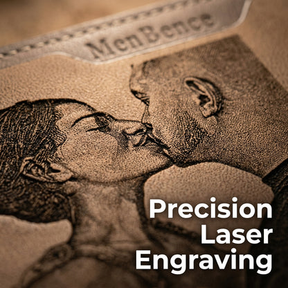 Personalized photo engraved wallet featuring precision laser engraving of a couple's kiss.
