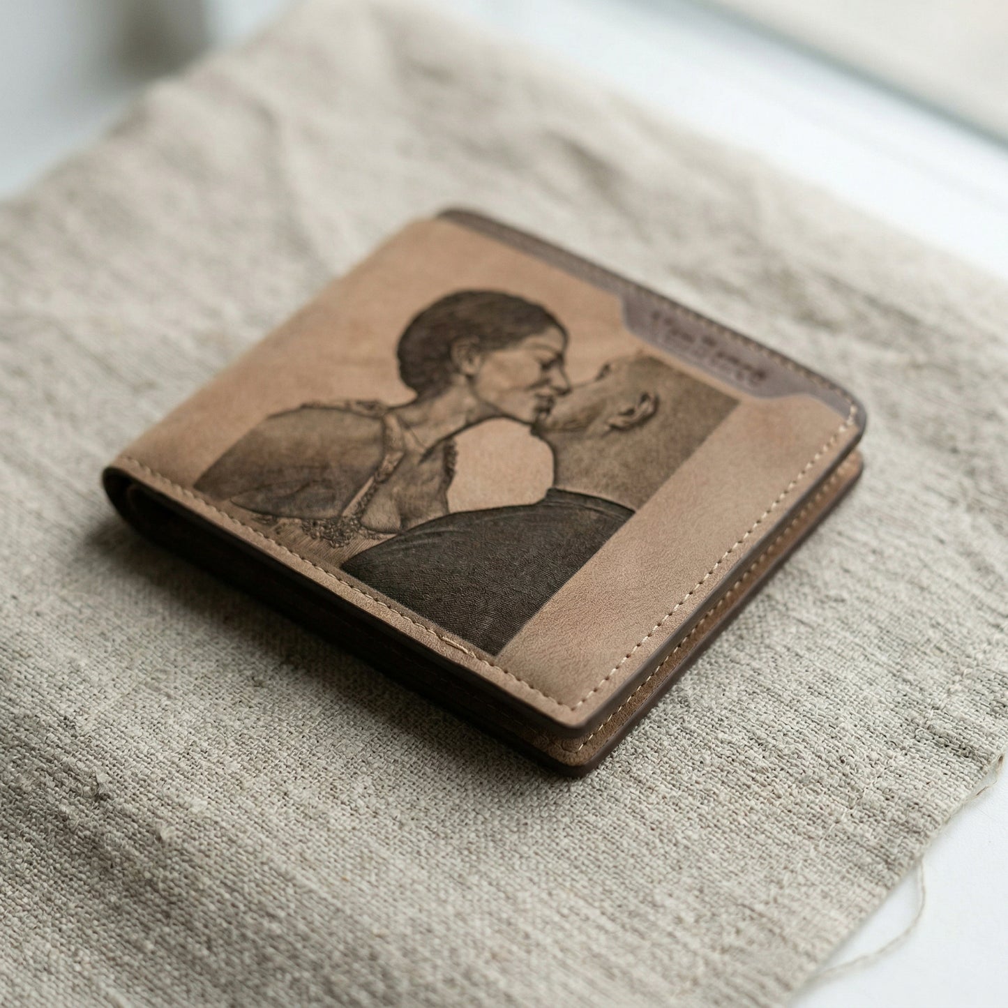 Personalized photo engraved wallet featuring a couple's kiss, a perfect custom gift for dad.