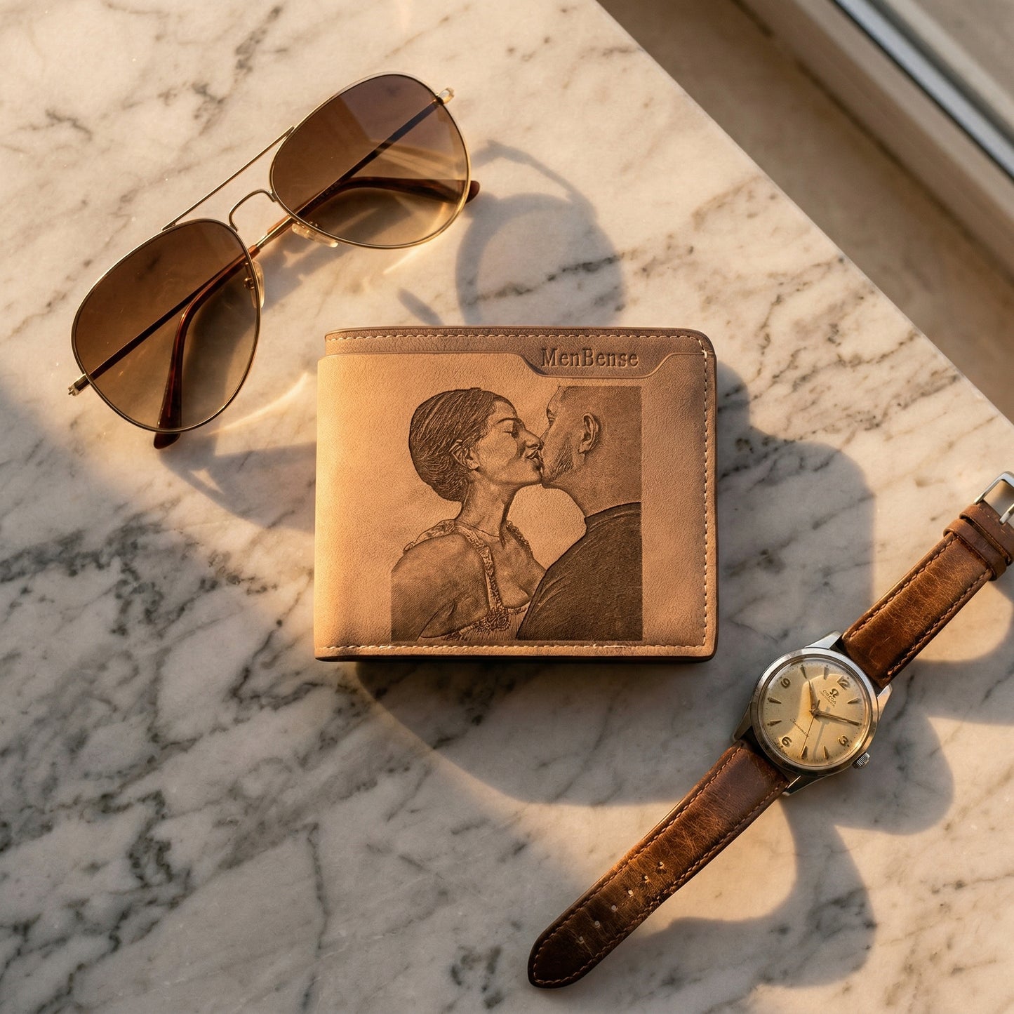 Personalized photo engraved wallet featuring an engraved image, sunglasses, and a wristwatch on a marble surface.