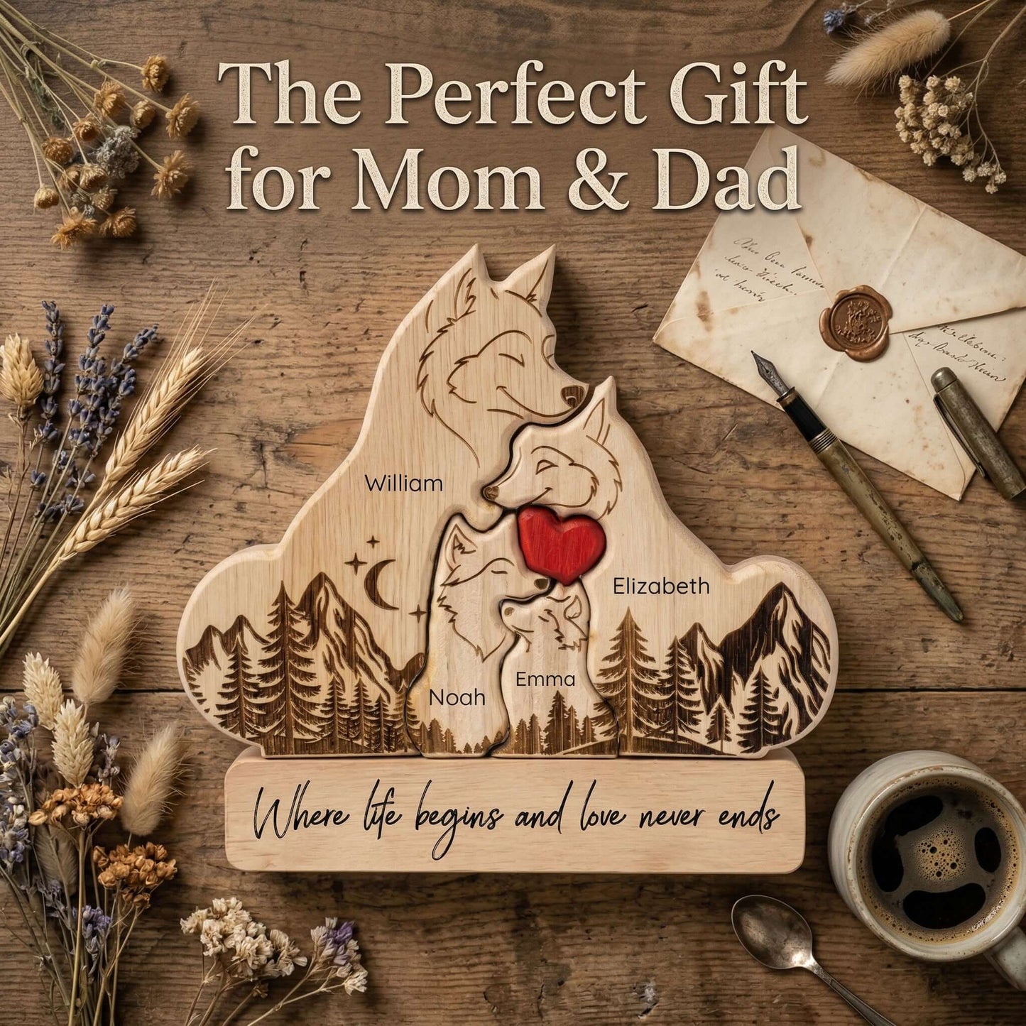 Personalized Wolf Family Wooden Plaque with Family Names
