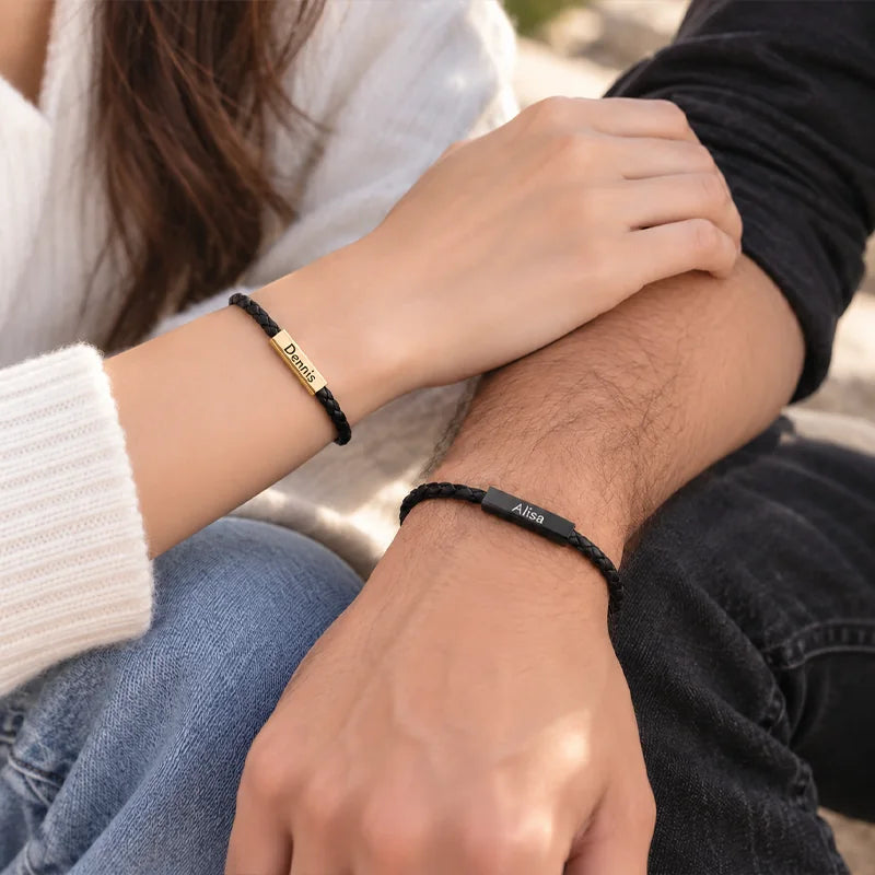 Personalized Braided Leather Bar Bracelet