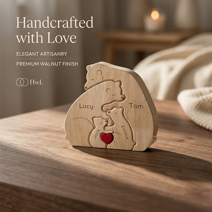 Custom Wooden Bear Family Keepsake with Engraved Names