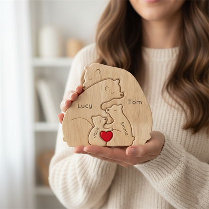 Custom Wooden Bear Family Keepsake with Engraved Names