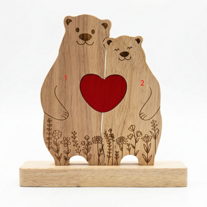Custom Oak Bear Family Keepsake with Engraved Names