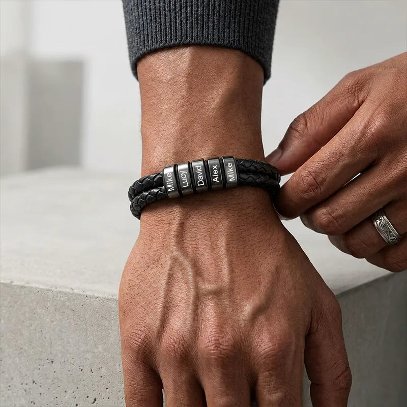 Personalized Men's Double-Strand Leather Name Bracelet
