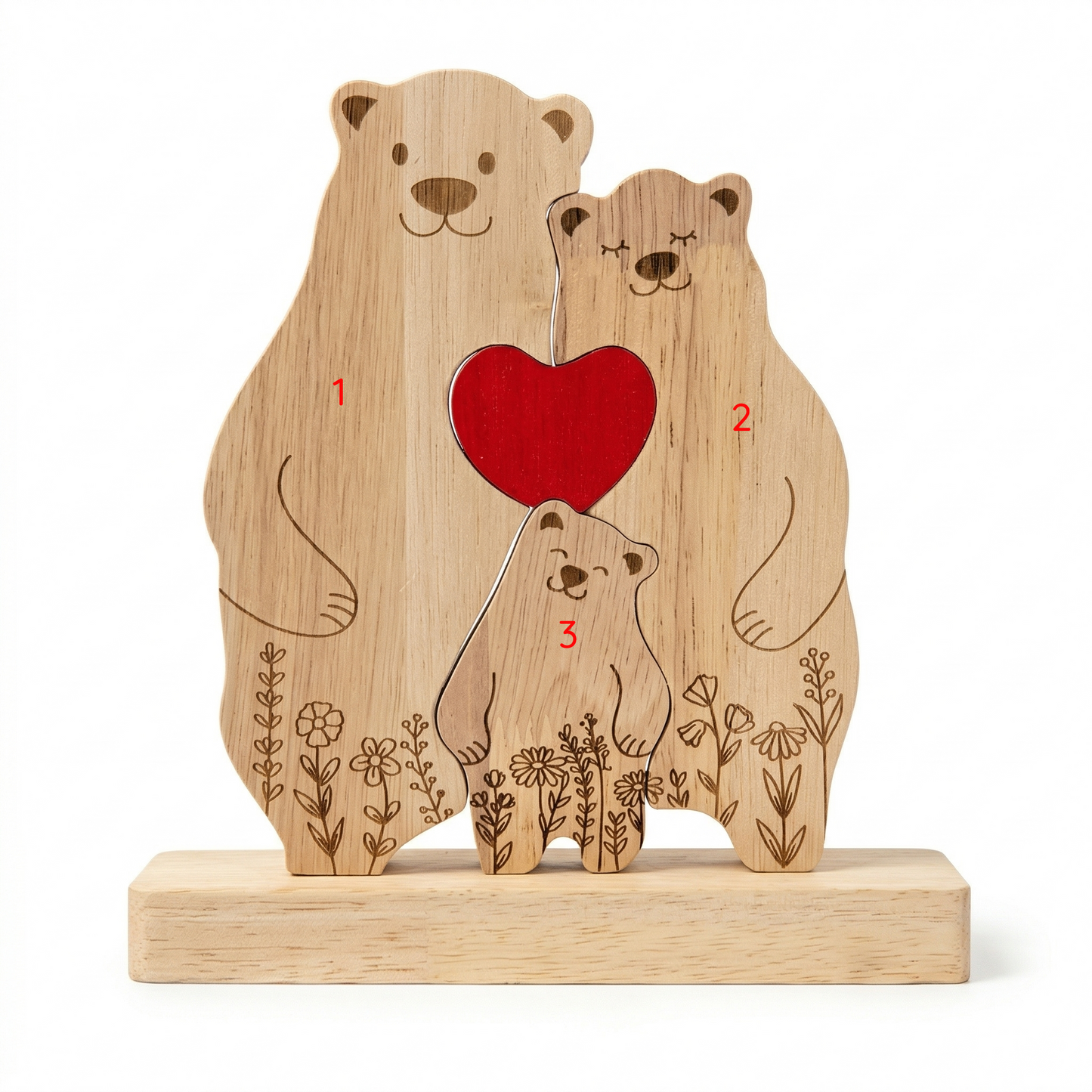 Custom Oak Bear Family Keepsake with Engraved Names