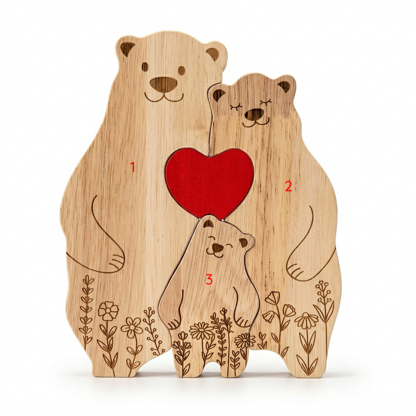 Custom Oak Bear Family Keepsake with Engraved Names