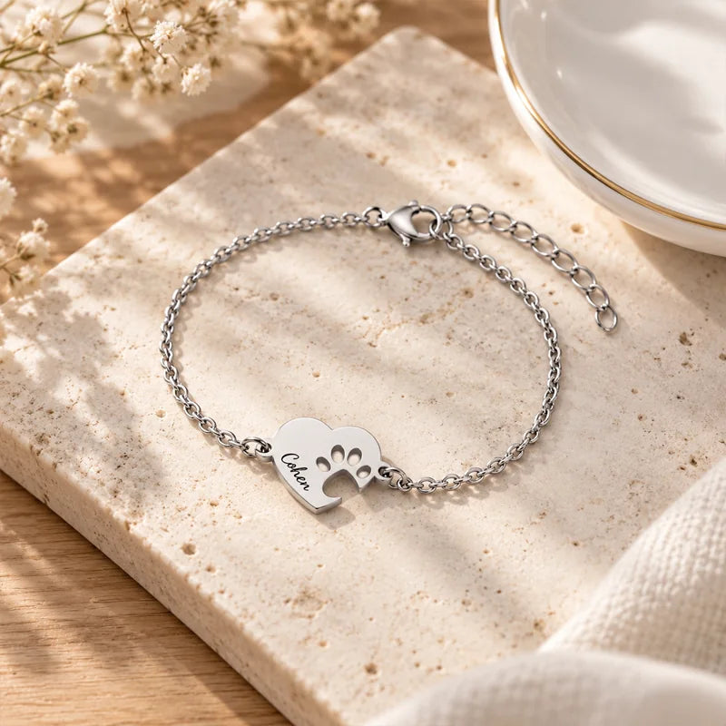 Personalized Paw Print Heart Bracelet