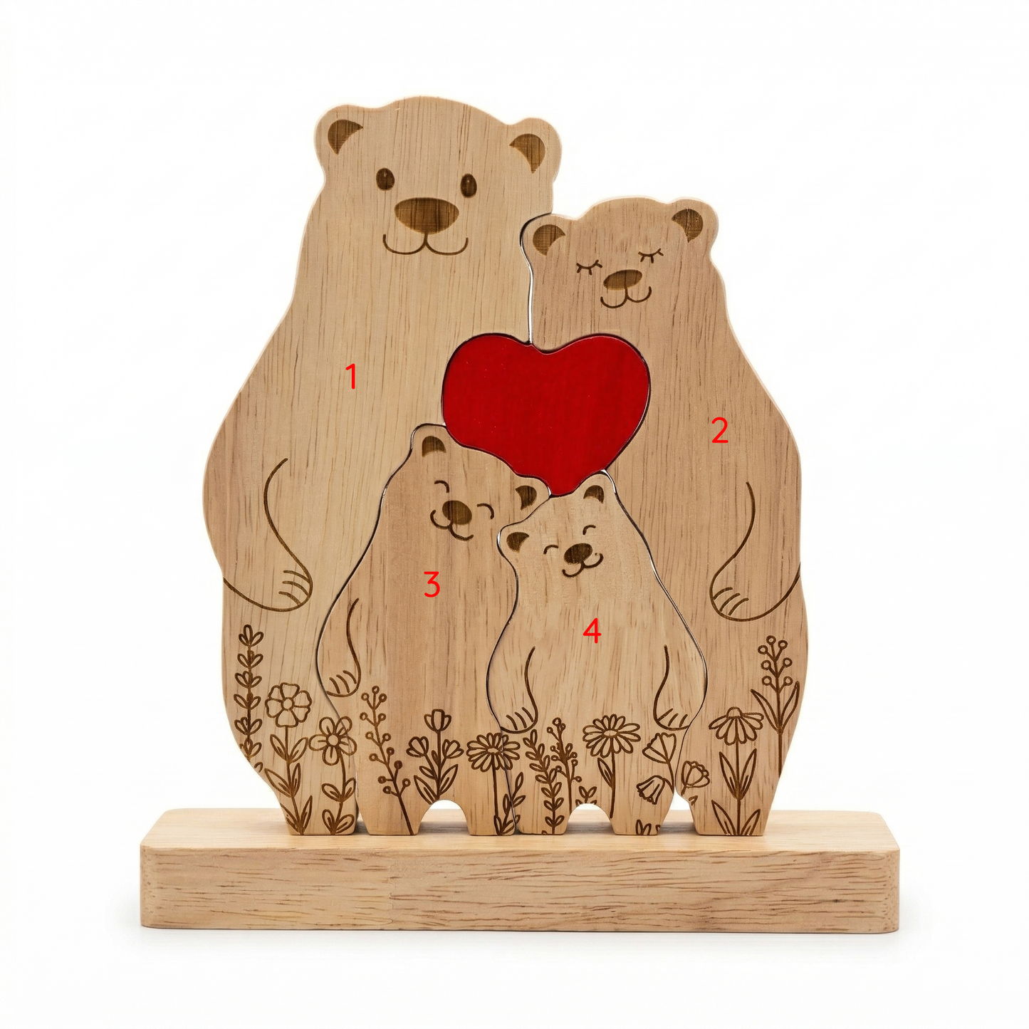 Custom Oak Bear Family Keepsake with Engraved Names
